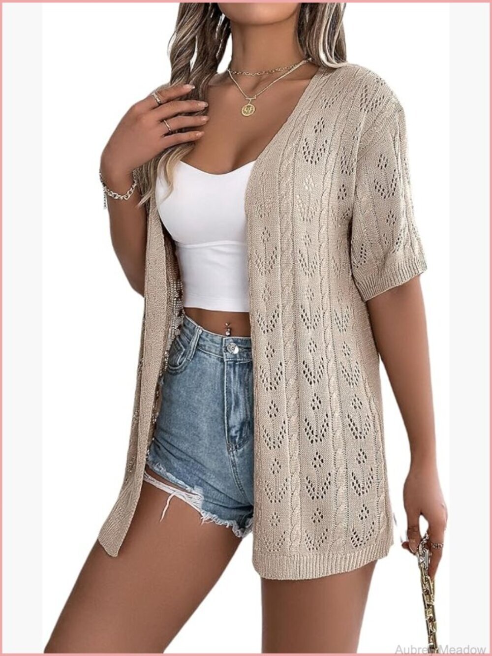 Crochet Cardigan - Short Sleeve V-Neck Lightweight Summer Sweater